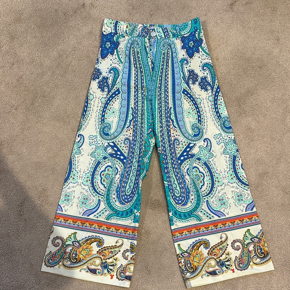 Zara Cream Pants with Blue and Teal Paisley Print